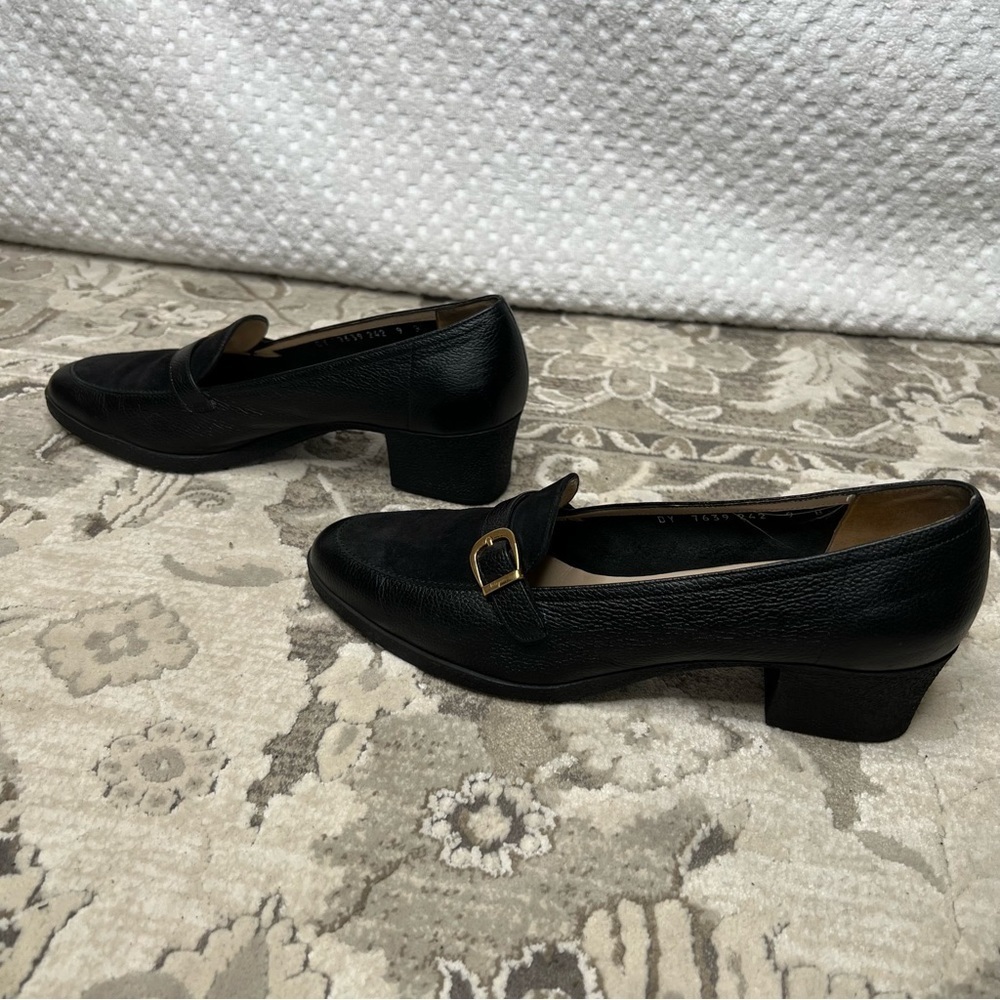 Black Leather Block Heel Loafers with Gold Buckle